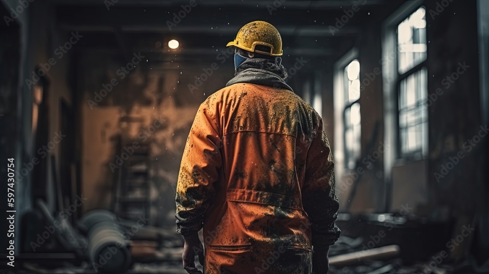 Worker on the ruins, construction site, protective suit, hard hat, helmet. A worker from behind at a construction site in special work clothes. Generative AI Worker on the ruins, construction site, protective suit, hard hat, helmet. A worker from behind at a construction site in special work clothes. Generative AI