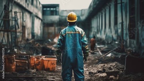 Worker on the ruins, construction site, protective suit, hard hat, helmet. A worker from behind at a construction site in special work clothes. Generative AI