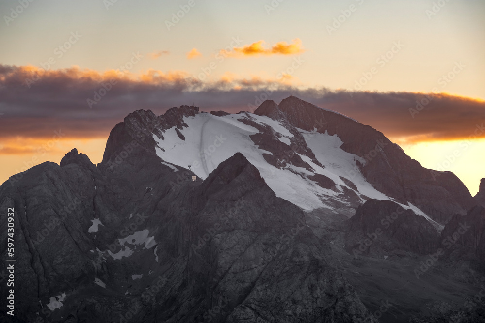Marmolada Glacier in the Dolomites at dusk