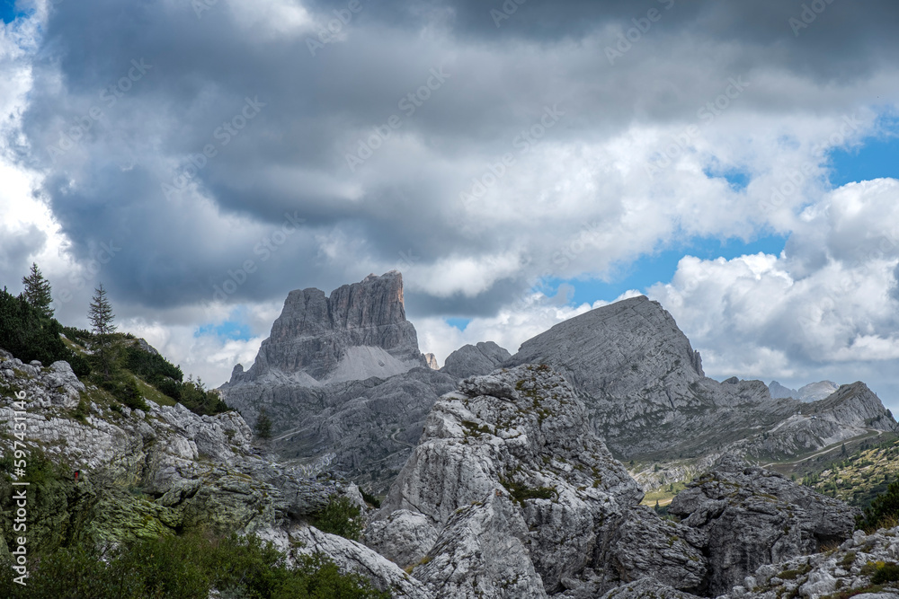 Averau mountain and some rocks at Passo Falzarego