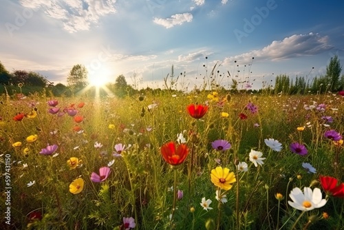 Meadow of flowers in sunny day. Generative AI.