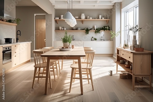 A small studio apartment decorated in a Scandinavian style. Warm pastel white and beige colors are used in the interior and green flowers. Generative AI