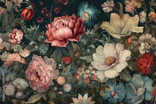 Dark background with roses in vintage style. Generative AI.