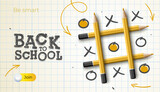 Back to school web banner notebook page with tic tac toe game pencils makes and doodle vector illustration