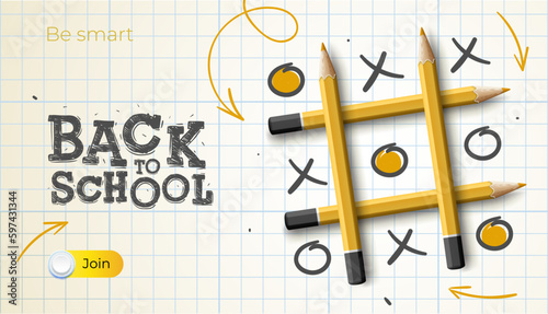 Back to school web banner notebook page with tic tac toe game pencils makes and doodle vector illustration photo