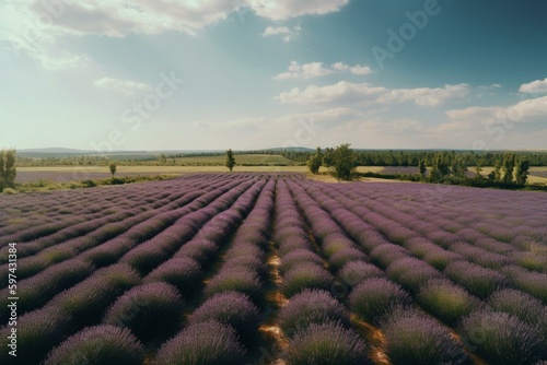 Panoramic aerial view of lavender fields under blue sky and fluffy clouds. Natural spring-summer background. Generative AI
