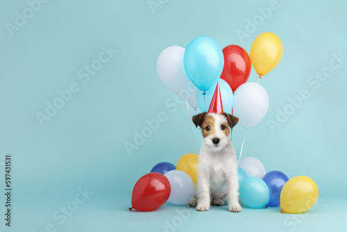 Cute scruffy puppy dog wearing a party hat celebrating with colorful birthday balloons