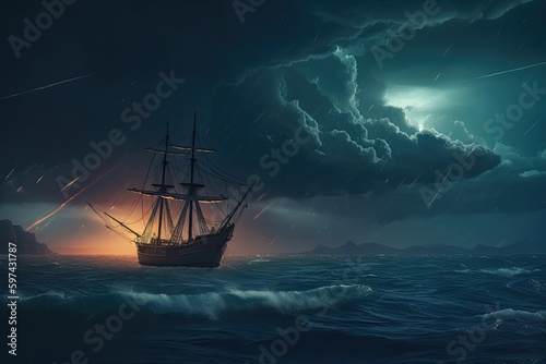 sailing ship navigating through stormy seas under a dramatic cloudy sky. Generative AI