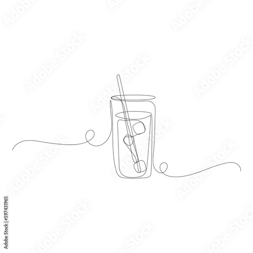 Continuous line drawing of Glass with lemonade, ice and a straw for drinking. One line art drawing. Vector illustration isolated on white