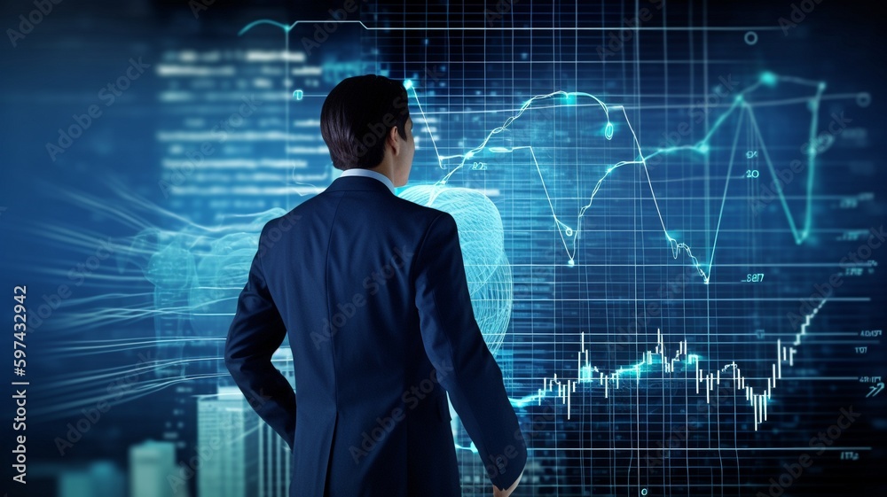 Concept of prospective business expansion with a virtual representation of financial prosperity. A businessman with a report charting his progress on a worldwide career path and success in stock marke Concept of prospective business expansion with a virtual representation of financial prosperity. A businessman with a report charting his progress on a worldwide career path and success in stock marke
