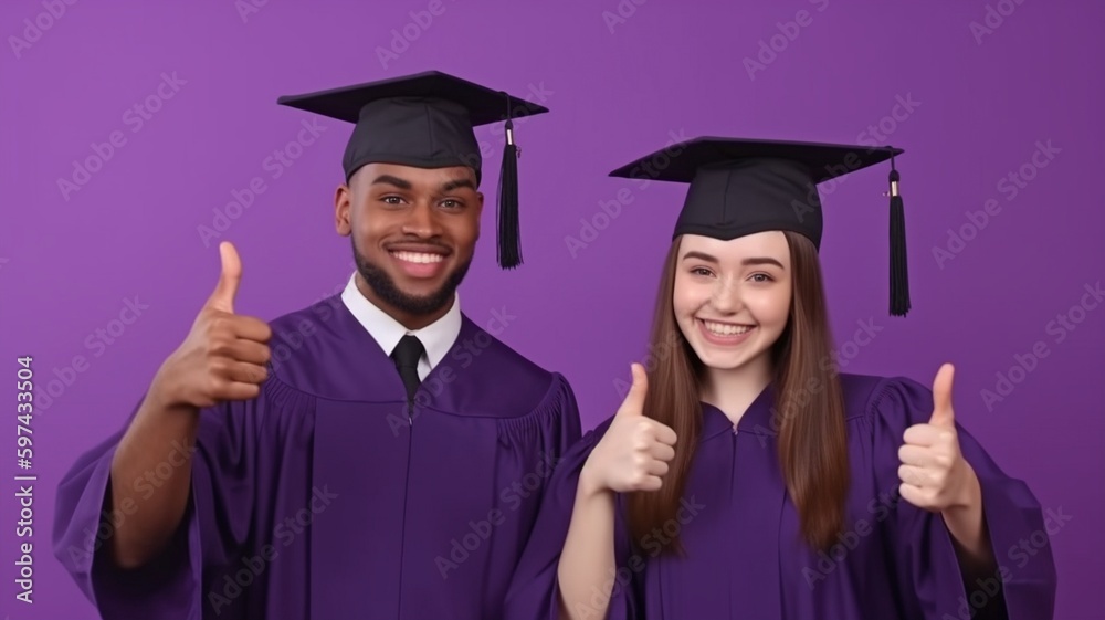 Education and achievement: Male and female university students of different races giving thumbs up while posing side by side on a purple studio background. They are also classmates and closest friends Education and achievement: Male and female university students of different races giving thumbs up while posing side by side on a purple studio background. They are also classmates and closest friends