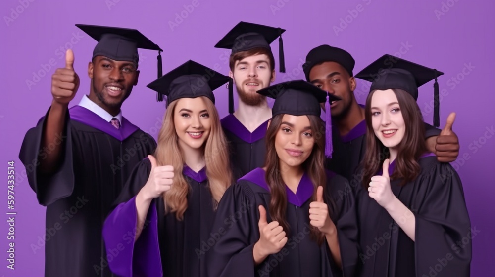 Education and achievement: Male and female university students of different races giving thumbs up while posing side by side on a purple studio background. They are also classmates and closest friends Education and achievement: Male and female university students of different races giving thumbs up while posing side by side on a purple studio background. They are also classmates and closest friends