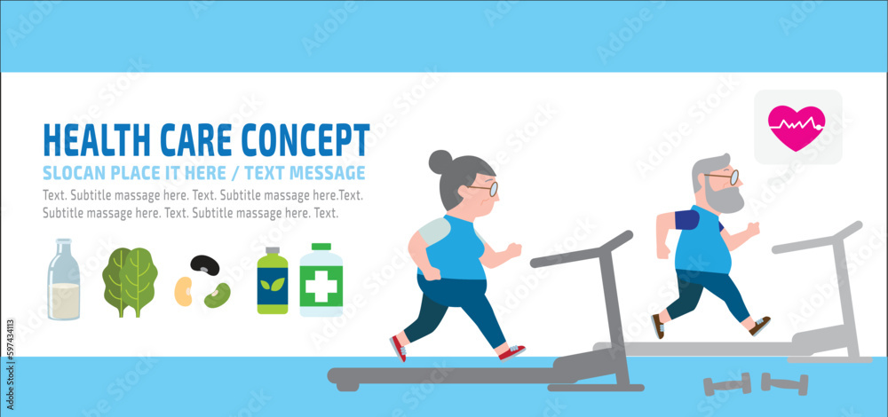 Full length couple senior overweight exercising on trainer machine.Health care lifestyle weight loss concept. Vector flat style cartoon character design illustration. Isolated