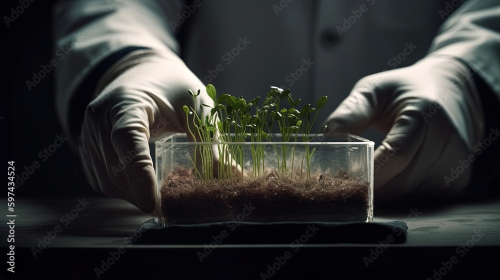 Technologies for growing plants and scientific research in the field of biology and chemistry of nature. Living green sprout in the hands of a farmer. Microgreens, new life concept. Generative AI - obrazy, fototapety, plakaty 
