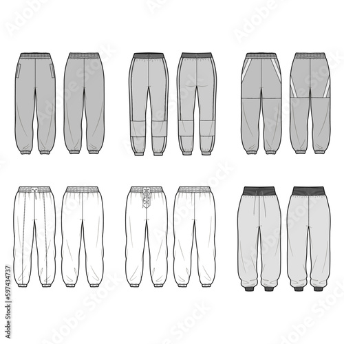 Technical flat sketch set of loose fit jogger pants. Sport technical sweatpants with elasticated waist band and drawstring. Tracksuit pants. Sweatpants. Relaxed pull-on pants. Mock up vector template.