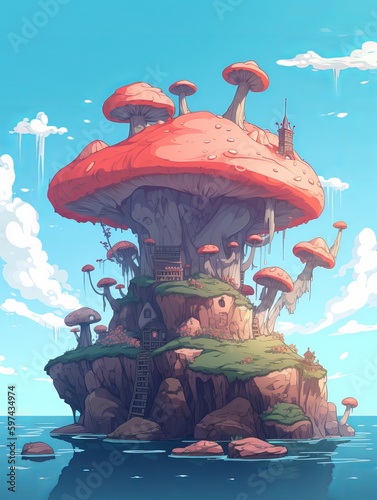 Fantasy cartoon mushroom house, wallpaper fantasy. Geerative ai