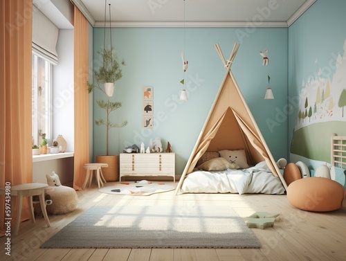 Bedroom interior of a little child who loves to adventure with a camp and green color. Generative ai
