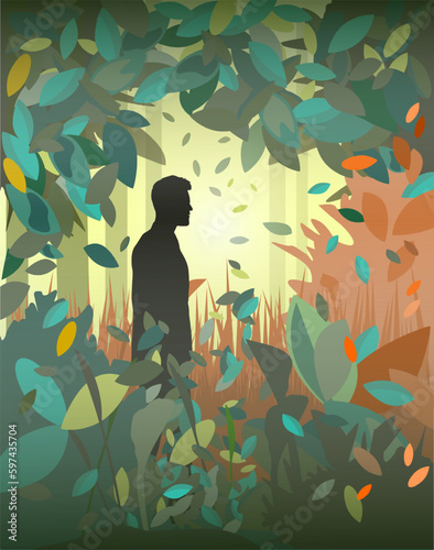 Silhouette eines Menschen von der Seite in der Natur mit bunten Blättern und Büschen