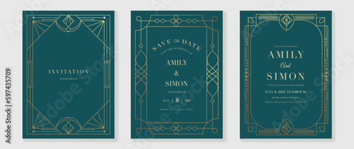 Luxury geometric pattern cover template. Set of art deco poster design with golden line, ornament, shapes, borders. Elegant graphic design perfect for banner, background, wallpaper, invitation.