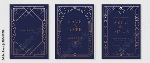 Luxury geometric pattern cover template. Set of art deco poster design with golden line, ornament, shapes, borders. Elegant graphic design perfect for banner, background, wallpaper, invitation.