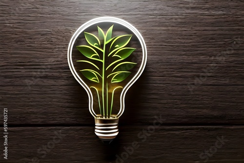 An eco-friendly lightbulb with green shoots inside, embodying the concept of renewable energy sources and caring for the environment. Generative AI