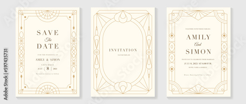 Luxury geometric pattern cover template. Set of art deco poster design with golden line, ornament, shapes, borders. Elegant graphic design perfect for banner, background, wallpaper, invitation.