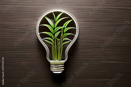 An eco-friendly lightbulb with green shoots inside, embodying the concept of renewable energy sources and caring for the environment. Generative AI