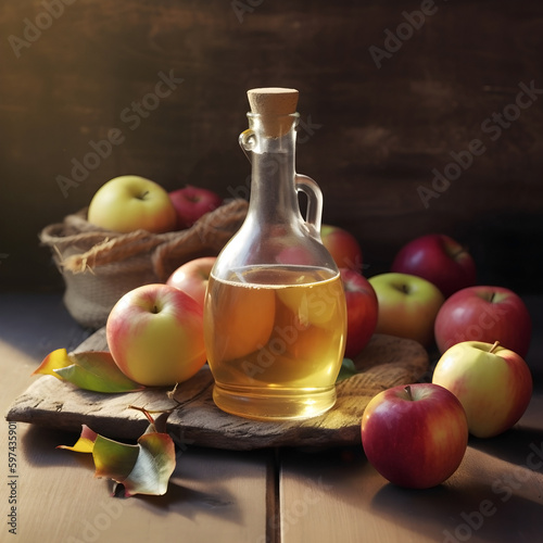 Bottle apple cider vinegar and fresh apples. Ai generative. illustration