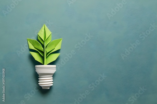 Eco friendly lightbulb made of green paper leaves, the concept of renewable energy and environmental care. Generative AI
