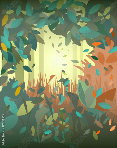 Illustration: Bunte Blätter und Büsche im Wald