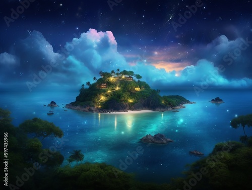 Tropical island in night  epic clouds on background. Generative ai