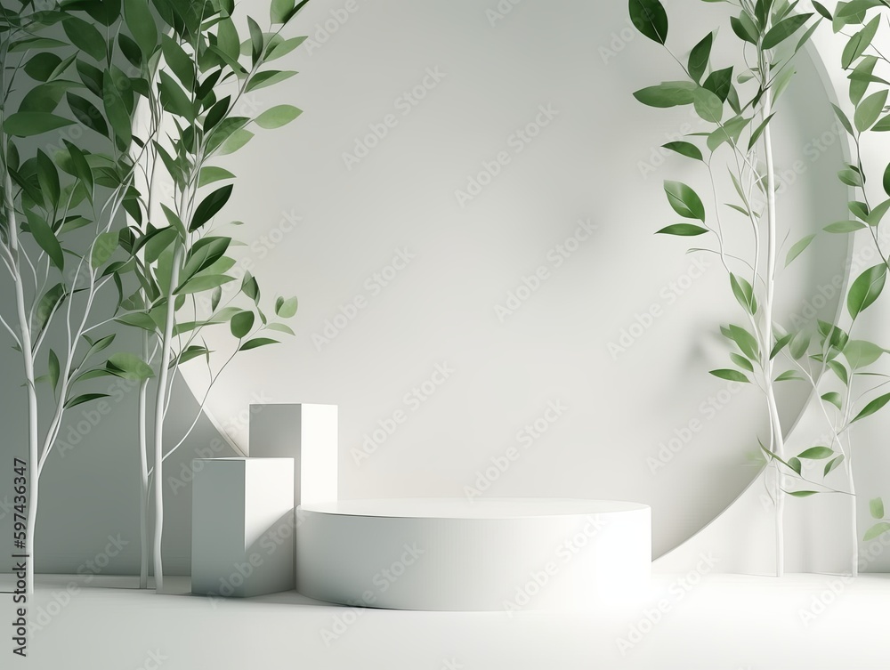 Empty room with plant and white poduim, suitable for product placement. Generative ai Empty room with plant and white poduim, suitable for product placement. Generative ai