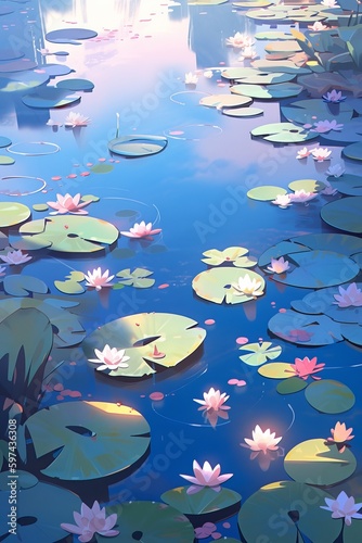 Water lily on a lake with some clouds reflection. Generative ai, anime style
