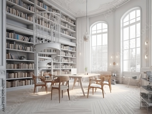 Interior of a library with table and chairs, elegant white color tone. Generative ai