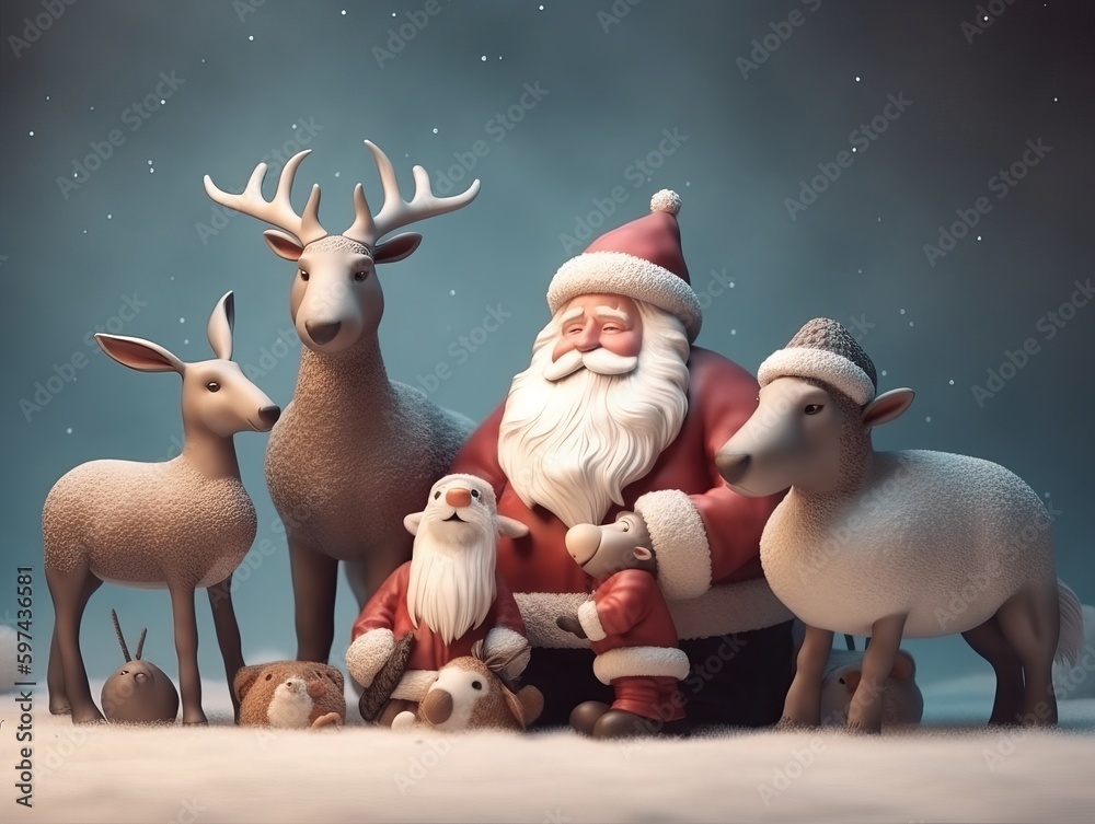 Fototapeta premium Santa claus and reindeer on a snow . Generative ai