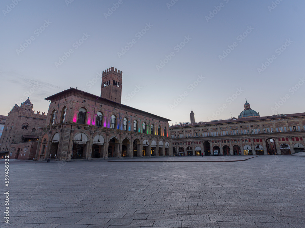 Piazza maggiore, main square in Bologna before sunrise