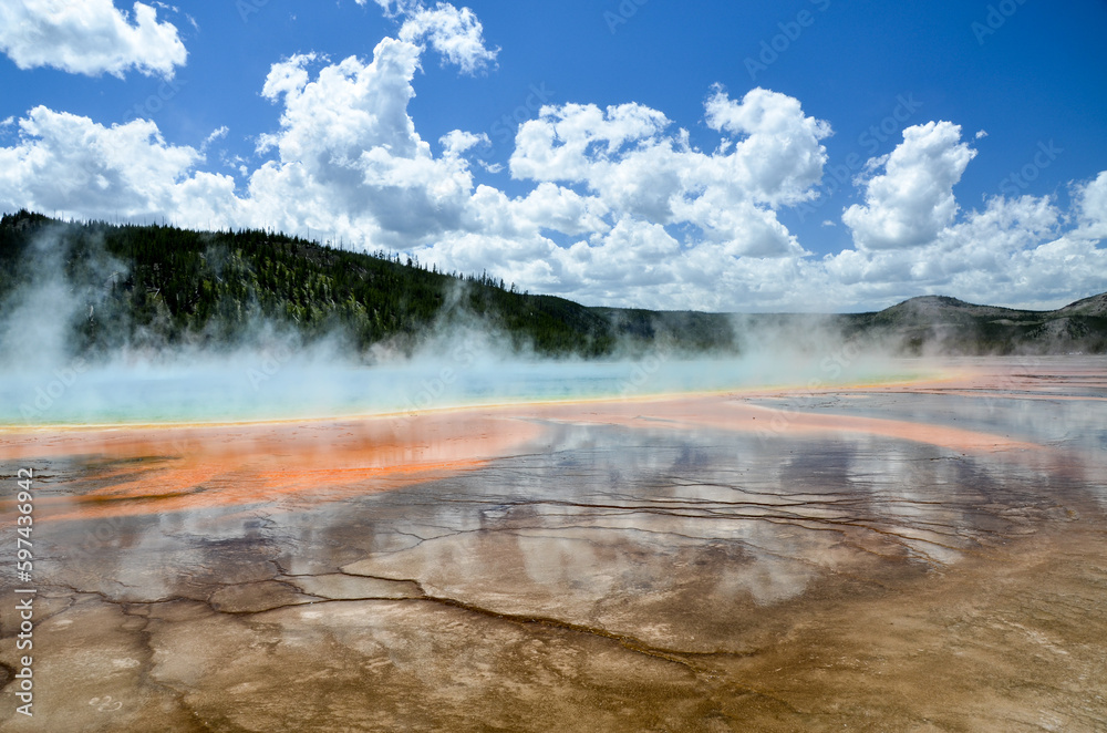 Steam rising from Grand Prismatic Spring, Yellowstone National Park Steam rising from Grand Prismatic Spring, Yellowstone National Park