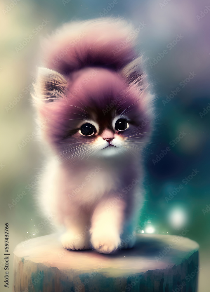Fototapeta premium Funny little kitten, sad and cute on a colorful blurred background. Generative Ai.