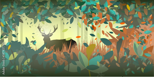 Silhouette eines Hirsch in der Natur - Bunte Blätter und Büsche 