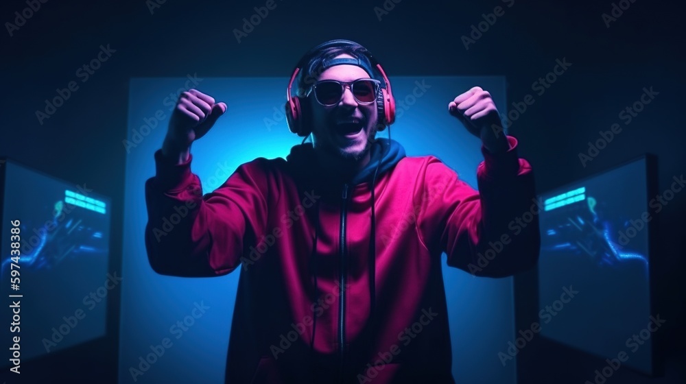 Professional eSports gamer rejoices in the victory in red blue neon illuminated game room. Generative AI Professional eSports gamer rejoices in the victory in red blue neon illuminated game room. Generative AI