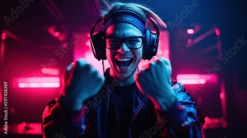 Professional eSports gamer rejoices in the victory in red blue neon illuminated game room. Generative AI