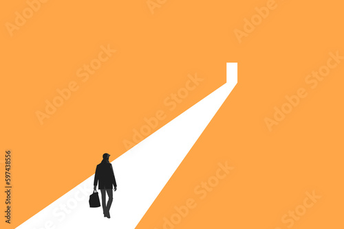 Businessman walking to door Concept of success, goal, motivation, growth, problems, hard work. Concept of ambitions, growth, opportunity, motivation
