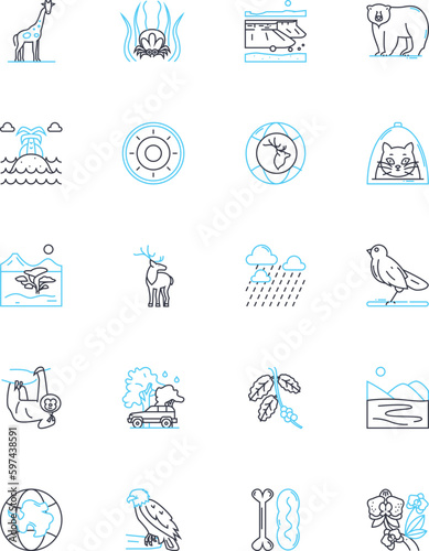 Wildlife linear icons set. Habitat, Conservation, Endangered, Biodiversity, Adaptation, Migration, Predation line vector and concept signs. Ecosystem,Species,Roaming outline illustrations