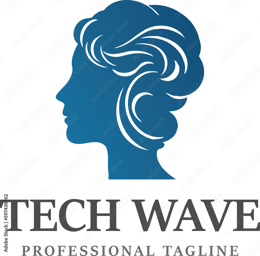 Woman face logo design. Modern blue beauty salon logo. Vector illustration.
