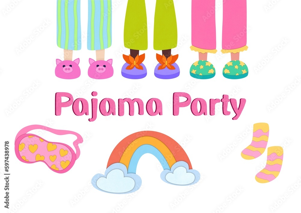 set with accessories for Sleeping and pajama party. invitation to home party with pajamas, sleep mask, socks, a rainbow in clouds and feet in cute fluffy slippers