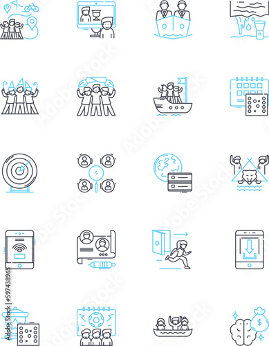 Synchronized effort linear icons set. Synergy, Collaboration, Cooperation, Coordination, Teamwork, Harmony, Groupwork line vector and concept signs. Unity,Partnership,Combination outline illustrations