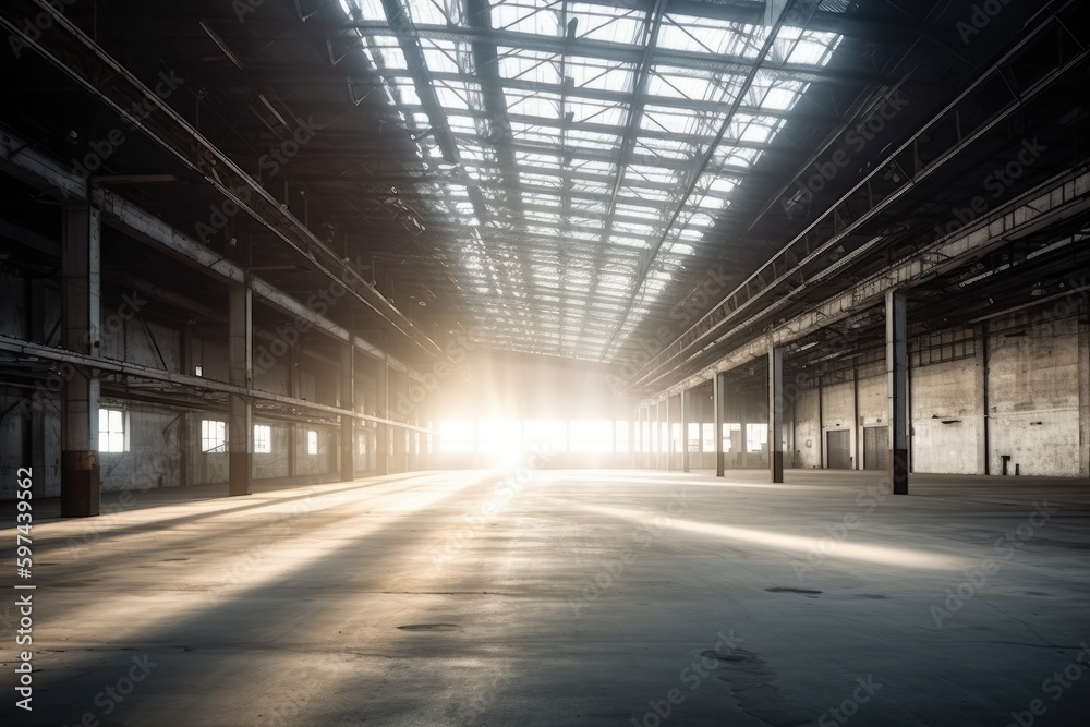 an empty warehouse with natural light shining through the roof. Generative AI