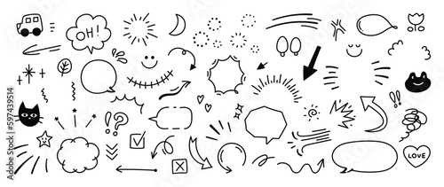Set of cute pen line doodle element vector. Hand drawn doodle style collection of heart, arrows, scribble, speech bubble, star, frog, cat, words. Design for print, cartoon, card, decoration, sticker.
