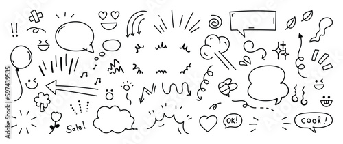 Set of cute pen line doodle element vector. Hand drawn doodle style collection of heart, arrows, scribble, speech bubble, star, balloon, words. Design for print, cartoon, card, decoration, sticker.