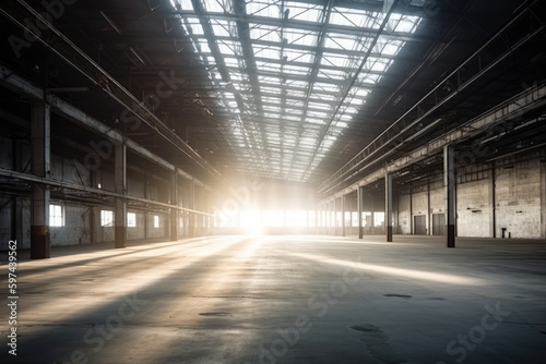 an empty warehouse with natural light shining through the roof. Generative AI © AkuAku